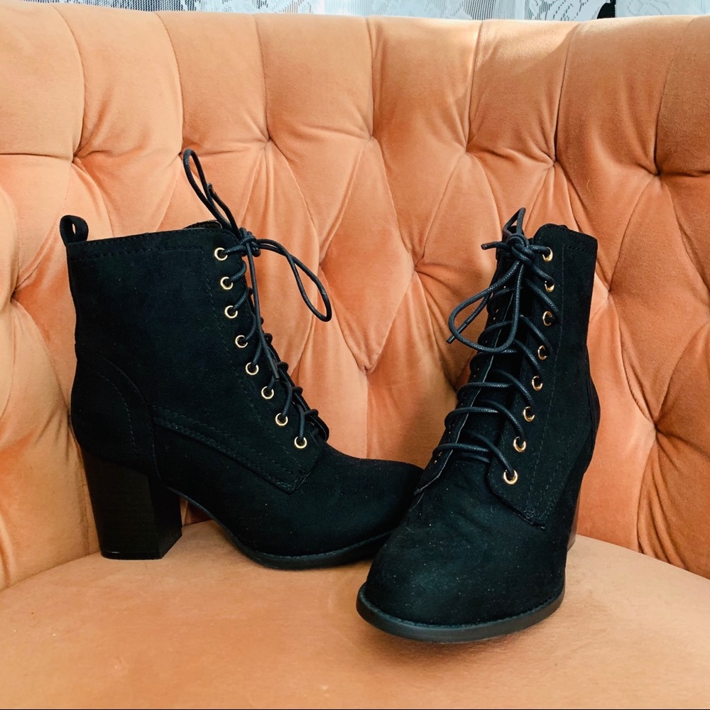 Heeled black lace up combat boots NEVER WORN